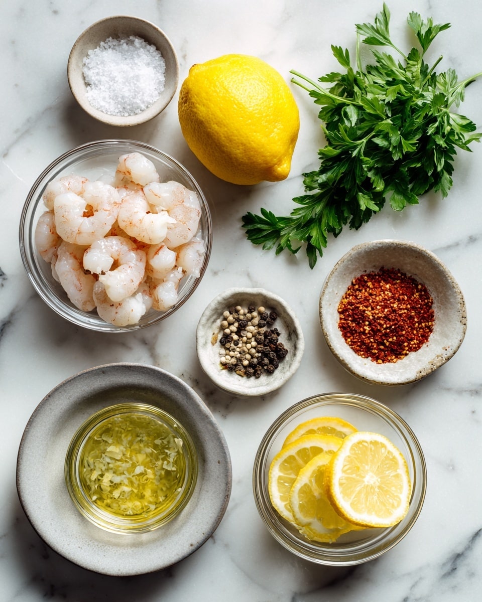 The image shows a top view of six small bowls arranged on a white marbled surface. The center-left bowl has peeled, pink and white cooked shrimp resting in it. Above it, a bowl holds a lemon that is half peeled, showing its bright yellow skin and juicy inside. Below the shrimp bowl, another glass bowl contains two lemon slices with a light yellow color. To the right of the shrimp bowl, a small bowl contains a crushed red spice with a coarse texture. Above this red spice bowl, fresh bright green parsley leaves rest on the white marbled surface. Below the red spice bowl, a bowl holds cracked black pepper with some coarse bits. In the middle of the arrangement, a tiny glass bowl contains a light yellow liquid with green herb specks. At the upper left corner, a small bowl has coarse white salt. The photo was taken with an iphone --ar 4:5 --v 7