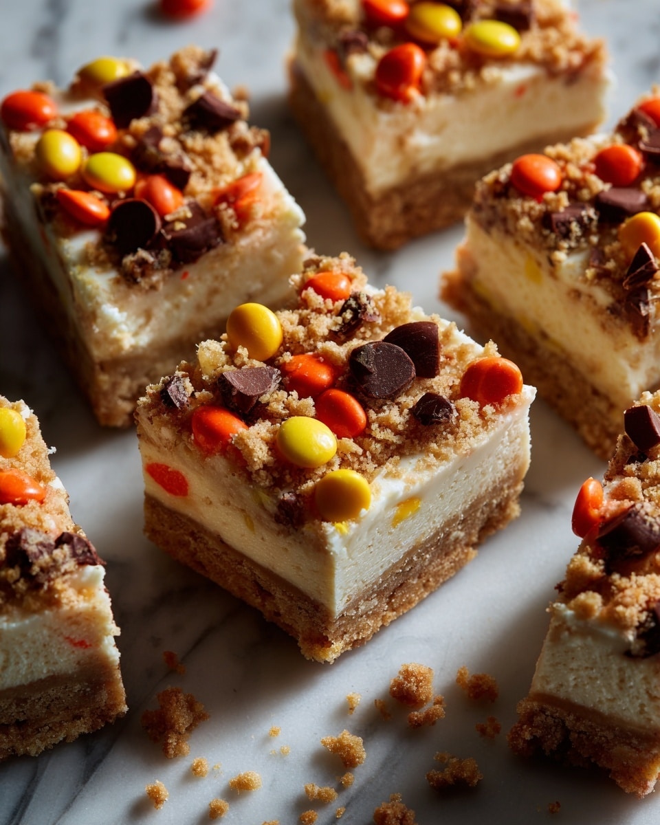 The image shows many square and triangle shaped bars laid out on a white marbled surface. Each bar has three layers: the bottom layer is light brown and textured like a thick cookie or peanut butter base, the middle layer is a creamy, smooth light tan, and the top layer is white and smooth like white chocolate or frosting. The top layer is decorated with scattered pieces of small round candies in bright orange, yellow, and dark brown colors, some whole and some crushed. Small crumbs and candy pieces are scattered around the bars. Photo taken with an iphone --ar 4:5 --v 7