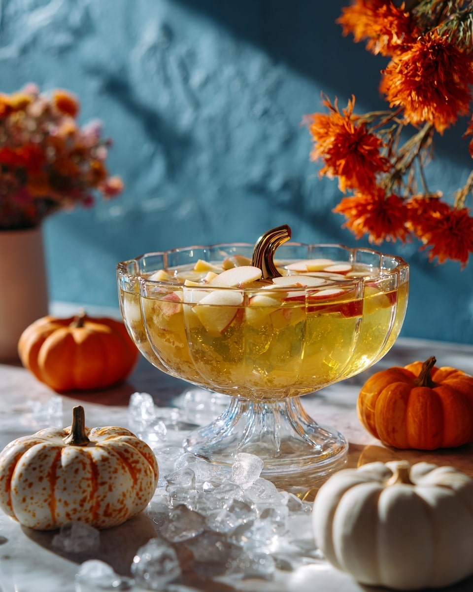 Two clear glasses with black and white striped stems and gold rims hold a pale yellow drink filled with crushed ice. Each glass is topped with small white and red apple slices. The glasses are set on a white marbled surface scattered with crushed ice and small gold beads. In the background, there are small orange, white, and striped pumpkins, along with a cinnamon stick, and blurred orange flowers against a deep blue backdrop. Photo taken with an iphone --ar 4:5 --v 7