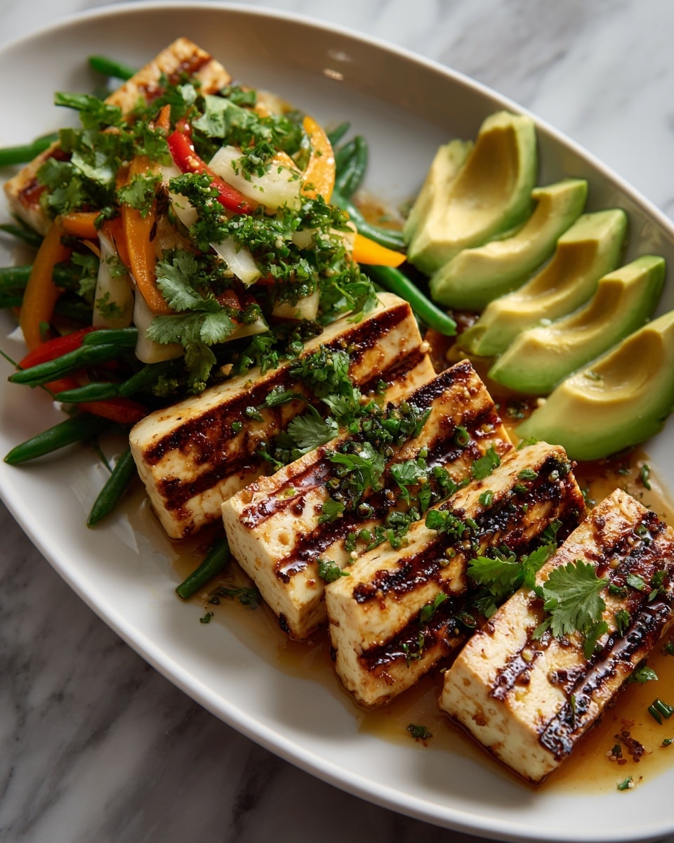 A white oval plate with three groups of food. On the left side, there are 10 grilled tofu slices stacked slightly overlapping. The middle is filled with a mix of cooked yellow mango strips, green beans, and small pieces of red bell pepper, all topped with fresh cilantro and small bits of crushed peanuts. On the right side of the plate, there are six avocado halves arranged in a fan shape with the green flesh facing up. The plate is on a white marbled surface, and on the right edge there is a partial view of green lettuce leaves. photo taken with an iphone --ar 4:5 --v 7