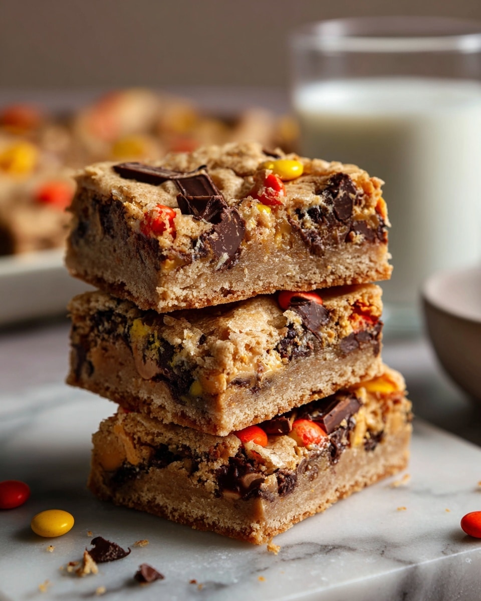 Three layered, square blondie bars stacked on a white marbled surface. The bottom bar has a soft, crumbly light brown base with visible chunks of dark chocolate, peanut butter, and colorful orange and yellow candy pieces mixed through it. The middle bar shows a similar soft texture with peanut butter and chocolate chunks dispersed evenly through the light brown dough. The top bar is similar but includes larger chocolate pieces partially melted into the surface. The overall look is moist and thick, with a slightly crumbly texture and warm tones of brown, orange, yellow, and dark brown. In the background, there is a blurred glass of milk. photo taken with an iphone --ar 4:5 --v 7