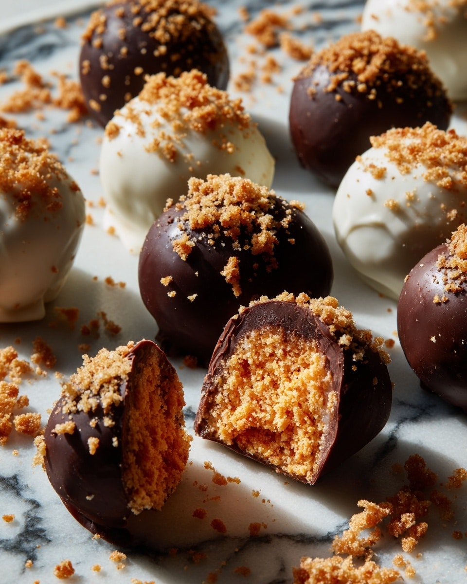 The image shows a mix of round candy balls arranged on a white marbled textured surface. There are three types: one covered in smooth white coating with sprinkled crumbs on top, another with a dark chocolate coating also with crumb sprinkles, and the third type showing a plain brown candy ball without coating. Two of the coated candies are shown with a bite taken out, revealing a crumbly orange-brown inside layer beneath the chocolate coating. The surface around the candies is lightly scattered with crumb bits. Photo taken with an iphone --ar 4:5 --v 7