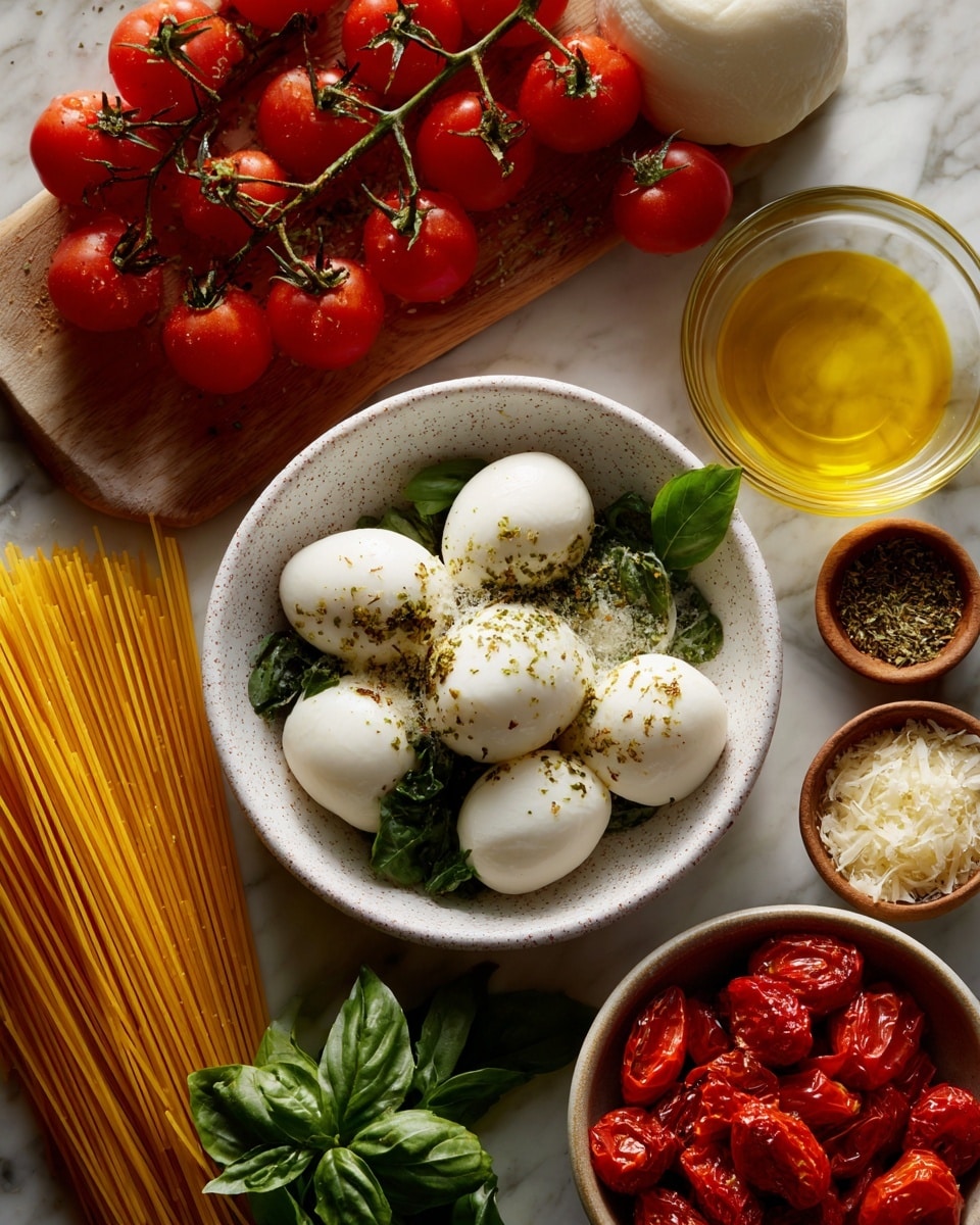 A flat lay of fresh Italian cooking ingredients arranged on a white marbled surface. In the center, a white speckled bowl holds six smooth white mozzarella balls with some fresh green basil leaves underneath and sprinkled herbs on top. To the left, there is a bunch of uncooked golden-yellow spaghetti and two clusters of bright red tomatoes on the vine, one resting on a small wooden board. Above the bowl is a bunch of vine tomatoes with a vibrant red color. To the right, a clear glass bowl is filled with translucent golden olive oil, next to a large ball of white mozzarella cheese and fresh green basil leaves. There are small brown bowls containing dried herbs, coarse sea salt, and shredded white cheese. At the bottom right, a white bowl holds roasted cherry tomatoes, deep red and slightly wrinkled with green stems. photo taken with an iphone --ar 4:5 --v 7