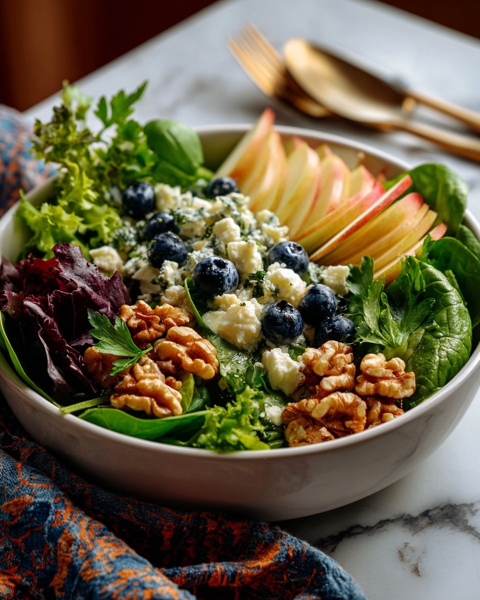 A white bowl filled with a colorful salad sits on a white marbled surface with a blue and orange patterned cloth nearby. The salad has a base layer of fresh green spinach leaves mixed with dark purple and green leafy greens. On top of the greens, there are thin pale yellow apple slices spread evenly throughout. Scattered over the apples and greens are small clusters of white cheese crumbles adding a soft texture. Blueberries, small and round with a deep blue color, are placed between the other ingredients for a pop of color. Pieces of light brown walnuts are spread in small groups across the salad. Fresh green parsley leaves are sprinkled on top, adding a final bright touch. photo taken with an iphone --ar 4:5 --v 7