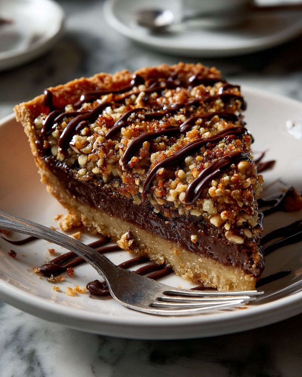 A slice of pie sits on a white plate with a few crumbs around it. The bottom layer is a light golden crust that looks crumbly. Above it is a thick, dark brown layer that looks smooth, like chocolate. The top layer is a mix of toasted nuts and caramel, giving it a rough, sticky texture with a golden-brown color. Drizzled in three thick lines over the top is dark chocolate, shiny and smooth. The background is a white marbled surface. A silver fork sits on the plate near the bottom right corner. photo taken with an iphone --ar 4:5 --v 7