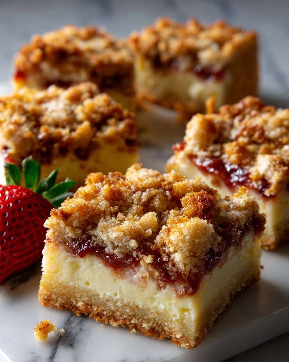 The image shows several square pieces of crumb cake with three visible layers: the bottom layer is a light golden brown crust, the middle layer is a thick creamy light yellow filling, and the top layer is a crumbly, golden brown streusel with bright red fruit jam peeking through in places. One piece is slightly lifted, revealing the clear separation of these layers. The crumb topping has a rough texture with chunky bits scattered unevenly. A whole red strawberry is placed near the bottom left corner on a white marbled surface. Photo taken with an iphone --ar 4:5 --v 7