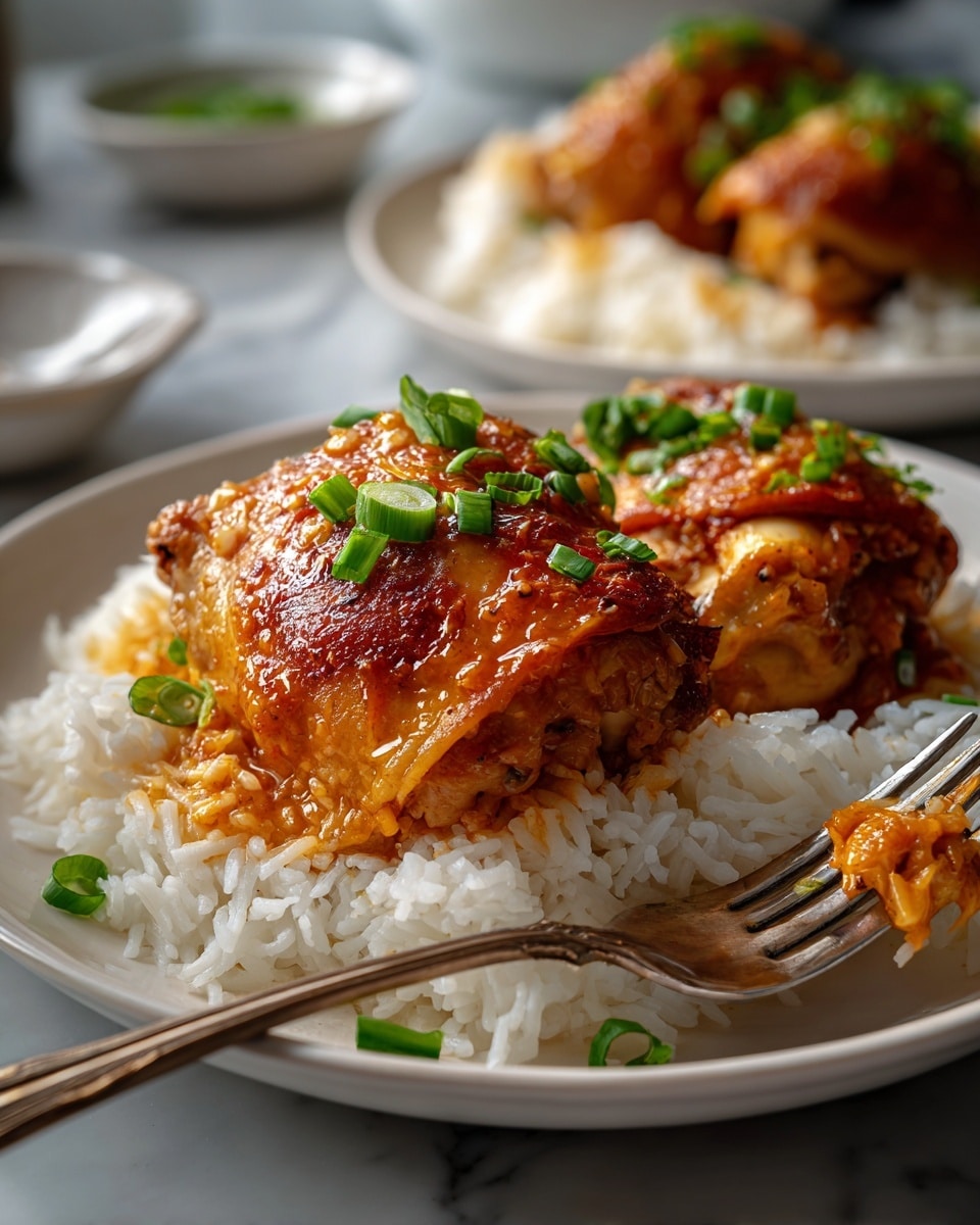 The image shows a white plate with two pieces of brown glazed chicken thighs placed atop a bed of fluffy white rice. The chicken is covered with a shiny, thick, orange-brown sauce and is garnished with small green slices of scallions scattered evenly on top. A silver fork rests near the upper edge of the plate, lifting some rice. The plate sits on a white marbled surface. photo taken with an iphone --ar 4:5 --v 7