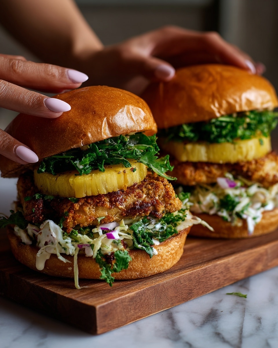 The image shows two chicken sandwiches side by side on a wooden surface with a white marbled background. Each sandwich has a shiny golden brown top bun, a thick grilled chicken patty with a slightly crispy texture, a thick round slice of grilled yellow pineapple, and a layer of shredded green cabbage and cilantro mixed with thin white onion slices. A woman's hand with pale pink nails is holding the sandwich on the right. The buns look soft and slightly toasted, and the chicken patties have visible grill marks with some sauce dripping lightly on the sides. Photo taken with an iphone --ar 4:5 --v 7