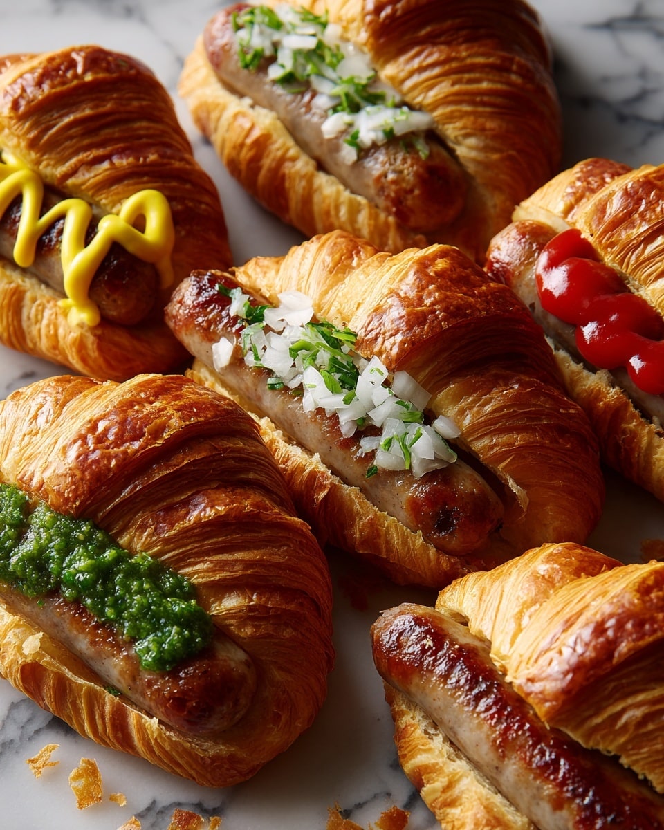 The image shows six croissant sandwiches arranged closely together on a white marbled surface. Each sandwich is made with a golden-brown, flaky, layered croissant sliced open horizontally. Inside every croissant is a plump sausage, visible from both ends. Three sausages are topped with different sauces: bright yellow mustard, red ketchup, and a green pickled relish. One sausage has finely chopped white onions on top. The croissants have a shiny, crispy texture, with small crumbs scattered around them, emphasizing their flakiness. Photo taken with an iphone --ar 4:5 --v 7