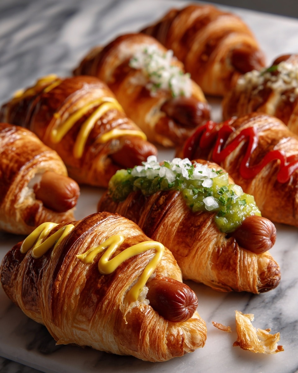The image shows six croissant dogs arranged on a white marbled surface. Each croissant is golden brown and flaky, split partially open horizontally to hold a sausage. The sausages vary slightly and each is topped with different condiments: two have squiggly yellow mustard, one has bright green relish, another has diced white onions, and one has a smooth line of red ketchup. The layers include the shiny, crisp croissant exterior, the soft and slightly spongy croissant inside, the plump cooked sausage, and the smooth, glossy condiments on top. Small pieces of croissant flakes are scattered around the surface. photo taken with an iphone --ar 4:5 --v 7