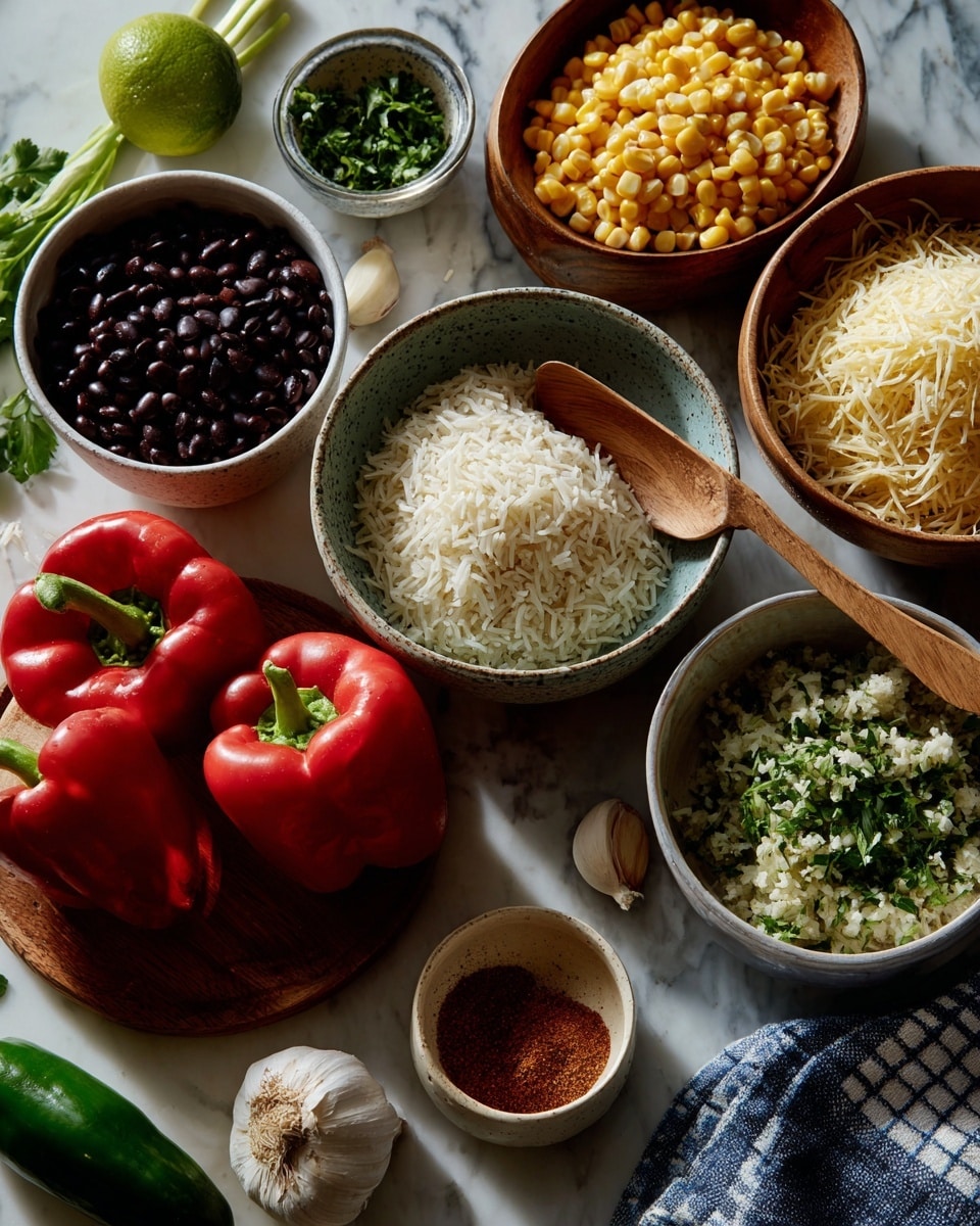 The image shows red bell peppers at the center on a white marbled surface, surrounded by several bowls with ingredients: one with black beans, one with yellow corn kernels, one with green herbs mixed into white rice with a wooden spoon inside, and one with beige shredded cheese. Around the peppers are a green lime, a halved lime, a small white bowl with brown and orange spices, a green jalapeño, a garlic clove, and a blue and white checked cloth near the bottom right. All items are arranged neatly and the light is bright and natural. Photo taken with an iphone --ar 4:5 --v 7