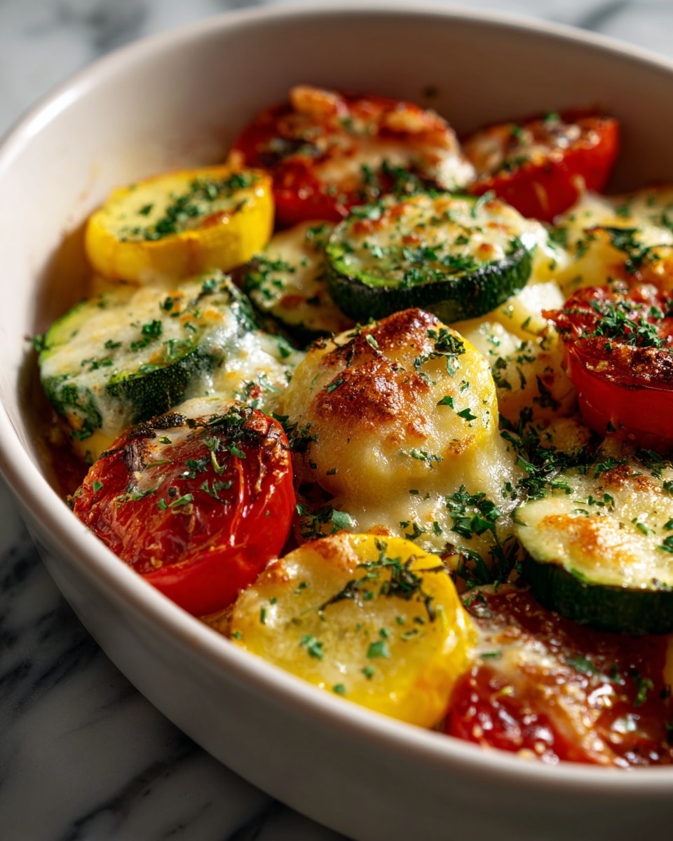 This image shows a white rectangular baking dish filled with two layers of roasted vegetables. The bottom layer has green zucchini and yellow squash sliced into thick rounds, arranged closely together. The top layer consists of halved red tomatoes scattered evenly over the zucchini and squash. Both layers have a golden, slightly melted cheese topping, with some browned spots, giving a baked texture. There is a light sprinkling of green herbs over the entire dish, adding a hint of freshness. The edges of the vegetables show slight caramelization. The dish is placed on a white marbled surface. photo taken with an iphone --ar 4:5 --v 7