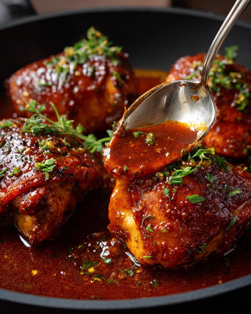 A close-up view of a thick piece of golden-brown cooked chicken on a white plate, covered in a shiny, rich reddish-brown sauce with small green herb bits and black pepper specks on top. The chicken piece is sliced to show the soft, white inside texture. Under the chicken, there is a mix of seasoned rice in light brown and off-white shades with some greens mixed in. In the background, there is a blurry slice of green cucumber and some red pickled vegetables. A silver fork is placed near the chicken, resting on the rice. Photo taken with an iphone --ar 4:5 --v 7