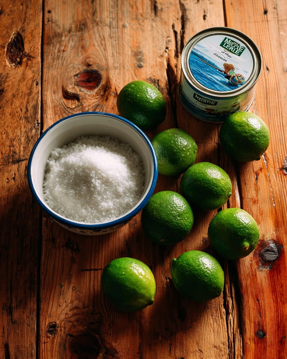 The image shows five bright green limes, a white bowl filled with white sugar having a blue rim, and a can of Nestle La Lechera sweetened condensed milk placed on a rustic wooden surface. The limes are fresh and round, scattered near the bowl and the can, which has a white and blue label with an illustration of a woman carrying a basket on her head. The texture of the wooden surface has visible grain and knots, creating a natural and simple background photo taken with an iphone --ar 4:5 --v 7