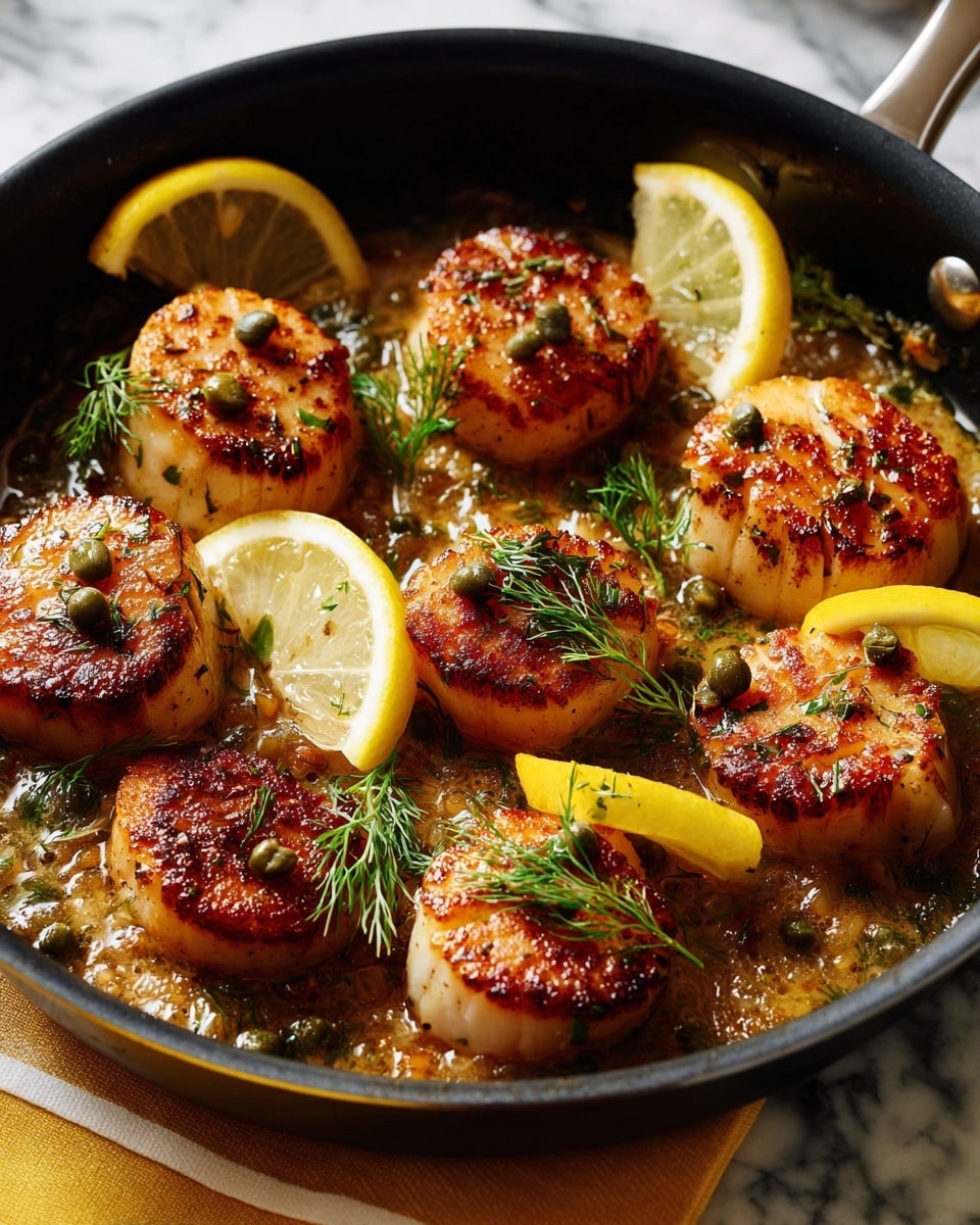 The image shows a black pan filled with one layer of golden-brown seared scallops, arranged evenly across the surface. The scallops have a caramelized texture on top and are sitting in a light brown sauce with small bits of herbs and capers scattered throughout. Thin lemon slices with bright yellow rind and white flesh are placed on top of the scallops in a few spots. Fresh dill sprigs with fine green leaves are sprinkled over the dish, adding a touch of color. The pan rests on a white marbled surface with a yellow and white striped cloth partially visible at the edge. Photo taken with an iphone --ar 4:5 --v 7