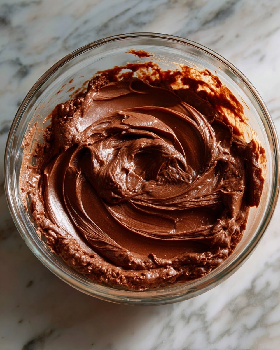 A clear glass bowl filled with a thick, smooth chocolate batter with a rich, deep brown color. The batter has swirled textures on the surface, showing folds and waves from mixing. Some of the batter is slightly stuck to the sides of the bowl, giving a messy look. The bowl sits on a white marbled surface with slight shine. Photo taken with an iphone --ar 4:5 --v 7
