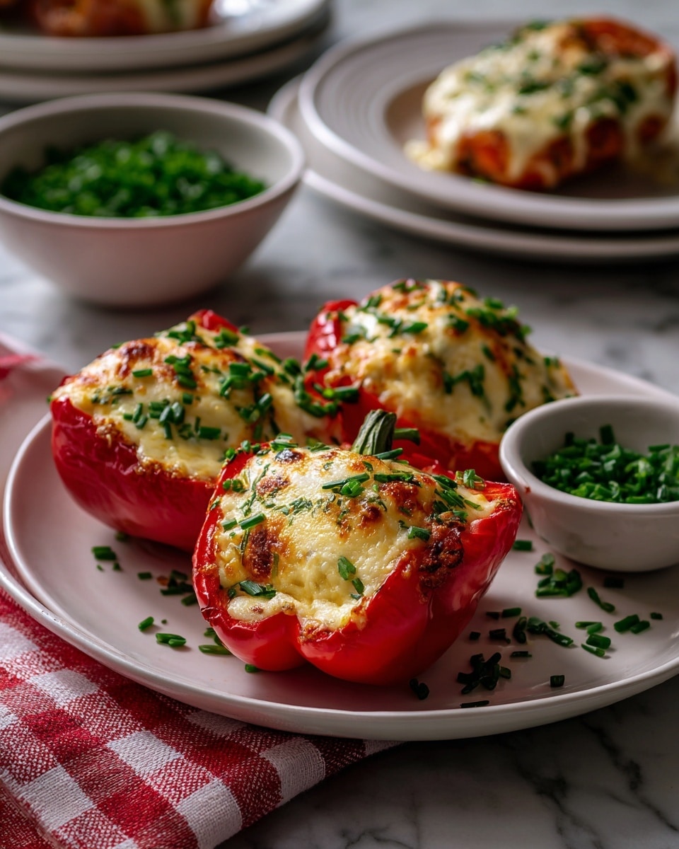 There are three pieces of stuffed red pepper on a white plate, each topped with melted, light yellow cheese that has a smooth and slightly bubbly texture. The peppers are a bright red color with slightly darkened edges showing they were cooked. Small green chive pieces are sprinkled on top of the cheese and around the plate. In the background, another white plate with one similar stuffed pepper and a small white bowl filled with green chives are placed on a white marbled surface. A red and white checkered cloth is partially visible on the left side. photo taken with an iphone --ar 4:5 --v 7