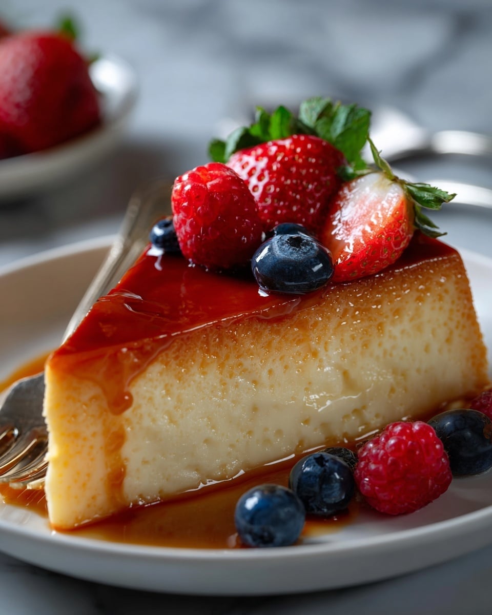 A single slice of flan with two distinct layers: a smooth, light cream-colored base and a thick, shiny caramel layer on top that slightly drips down the sides. On the caramel layer, there are fresh berries including a red raspberry, a halved strawberry, and two whole blueberries. Around the base of the slice on the white plate, there are scattered blueberries and one raspberry. The glossy caramel and textured berries contrast with the smooth custard and the white marbled background. A silver fork is placed next to the slice in the background. Photo taken with an iphone --ar 4:5 --v 7
