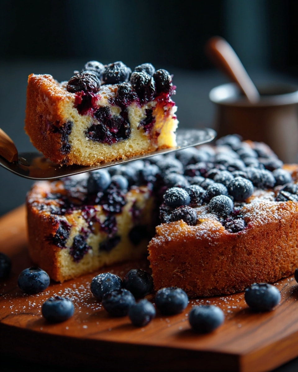 A round blueberry cake with a golden-brown crust on top, covered evenly with powdered sugar, showing many dark purple blueberries peeking through the surface. One slice is lifted with a metal spatula that has a blue handle, revealing a dense inside filled with blueberries. The cake is surrounded by fresh blueberries scattered on a white marbled surface, adding contrast with their deep blue color. The overall look is fresh and inviting, with a mix of soft cake texture and juicy berries. photo taken with an iphone --ar 4:5 --v 7