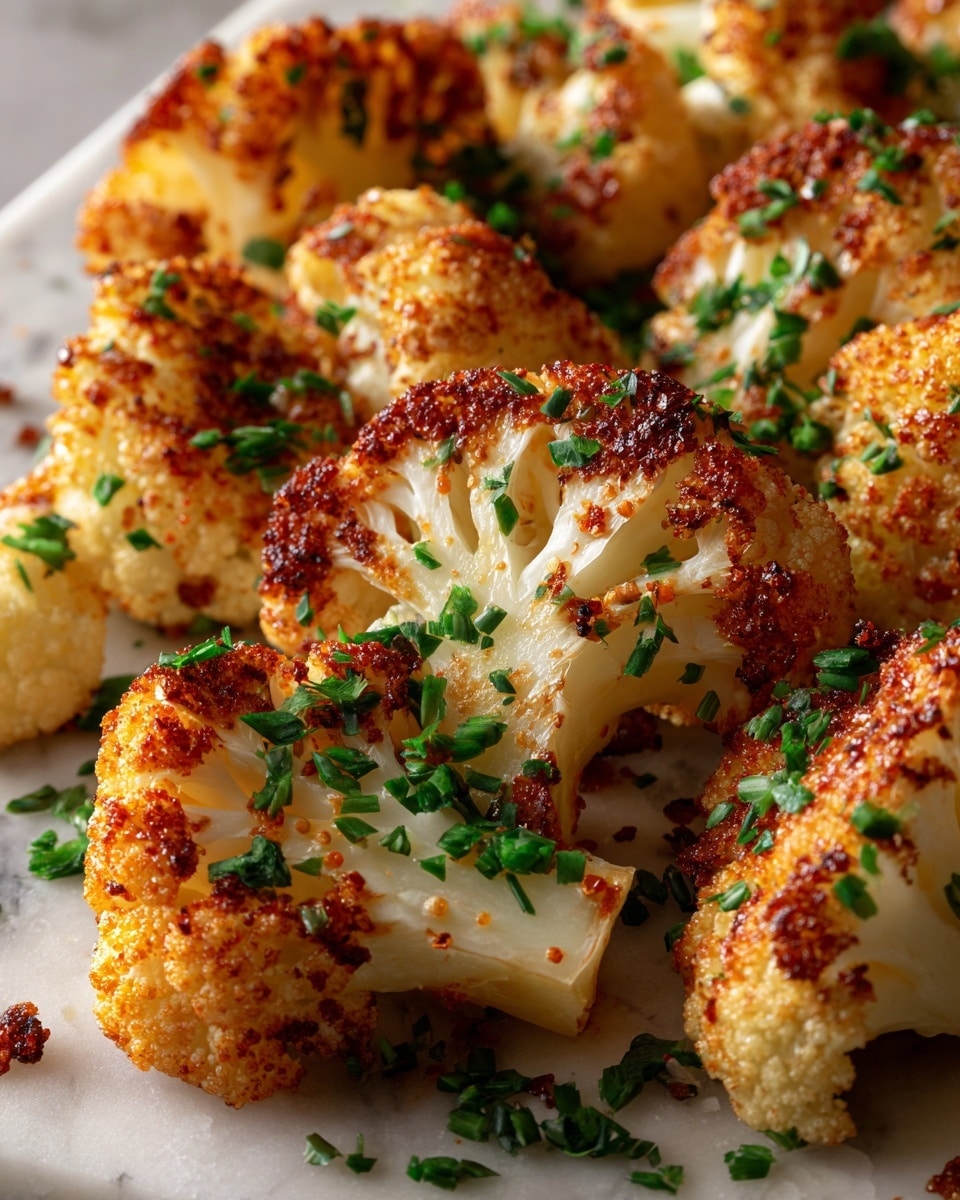 The image shows close-up roasted cauliflower pieces with a light golden-brown color and slightly crispy edges. Each piece has a creamy off-white interior with a speckled red-orange seasoning dusted on top, giving the cauliflower a textured, spiced look. Small bits of green herbs are scattered among the florets, adding a fresh contrast. The cauliflower sits on a white marbled textured surface, with some browned bits and seasoning crumbs around them. photo taken with an iphone --ar 4:5 --v 7