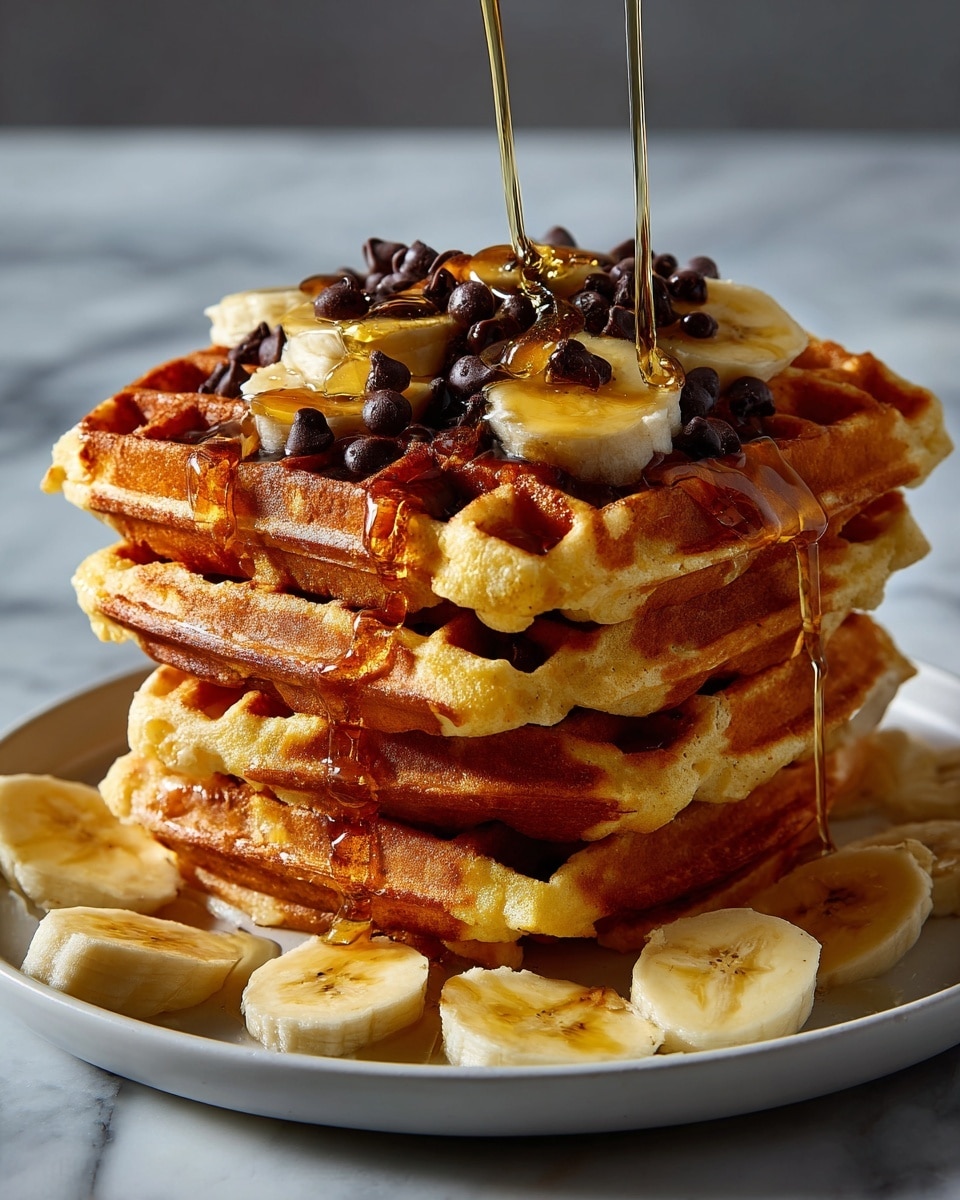 A tall stack of five golden brown waffles is placed on a white plate with a few slices of light yellow banana around the edges. Each waffle layer has a slightly crisp texture with rounded edges forming small pockets. On the top waffle, there are several small dark brown chocolate chips scattered, as well as two banana slices with some chocolate chips on them. Syrup is being poured over the stack, flowing down the sides and pooling slightly at the base, adding a shiny golden glaze. The scene is set on a white marbled surface, creating a clean, bright background. Photo taken with an iphone --ar 4:5 --v 7