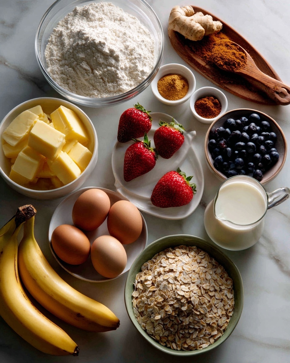 A flat lay of various baking ingredients placed neatly on a white marbled surface includes a clear glass bowl filled with white flour on the left, next to a small white bowl with yellow butter slices. Below that, three bright red strawberries are arranged with two small pieces of ginger root beside them. Above the flour, a wooden spoon holds brown powder, and next to it, two small white bowls hold similar shades of brown spices. Four brown eggs rest near the center, beside a small clear glass filled with white milk on the right. Next to the milk, two yellow bananas lie side by side, with a light green bowl of beige rolled oats below them. Dark purple blueberries and grapes cluster in the top right corner, completing the set of ingredients photo taken with an iphone --ar 4:5 --v 7