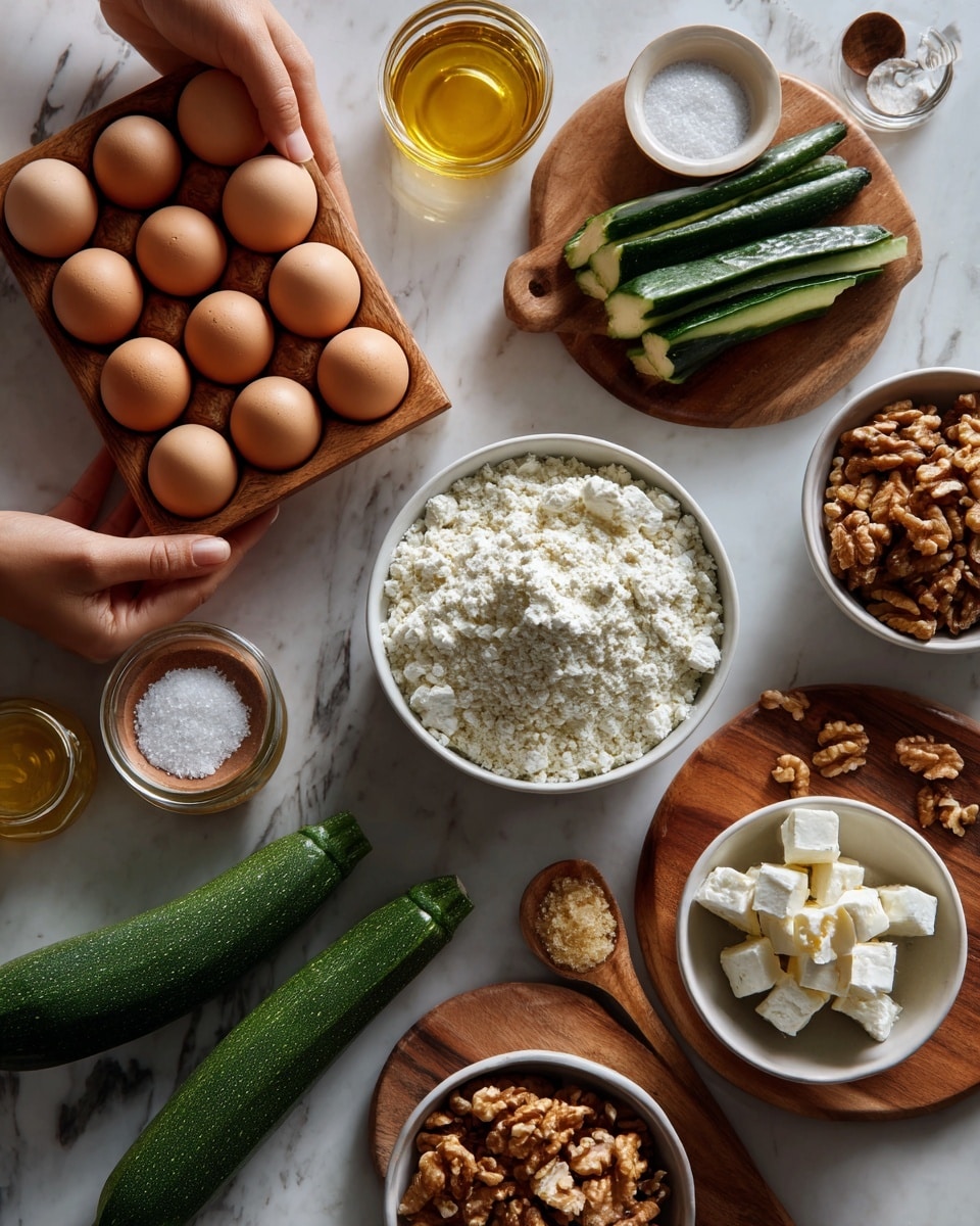 The image shows a top view of various raw ingredients placed on a white marbled background. In the center, there is a white bowl full of white flour with a powdery texture. To the left, there is a woman’s hand holding a wooden tray with six light brown eggs resting in an egg carton. Above the flour, a small white bowl contains a golden honey liquid, next to a small glass cup with a white powder. On the right side, two white bowls filled with whole brown walnuts are placed on wooden boards, one holding shelled walnuts and the other with chopped walnuts. Beside them are thin, green zucchini sticks neatly stacked on a wooden board. Two whole zucchinis with a dark green shiny skin are laid diagonally near the bottom center. A small glass jar filled with soft white cheese chunks is placed near the center. A small white bowl of coarse salt and a glass cup of golden olive oil complete the lineup, all arranged in a balanced manner. Photo taken with an iphone --ar 4:5 --v 7