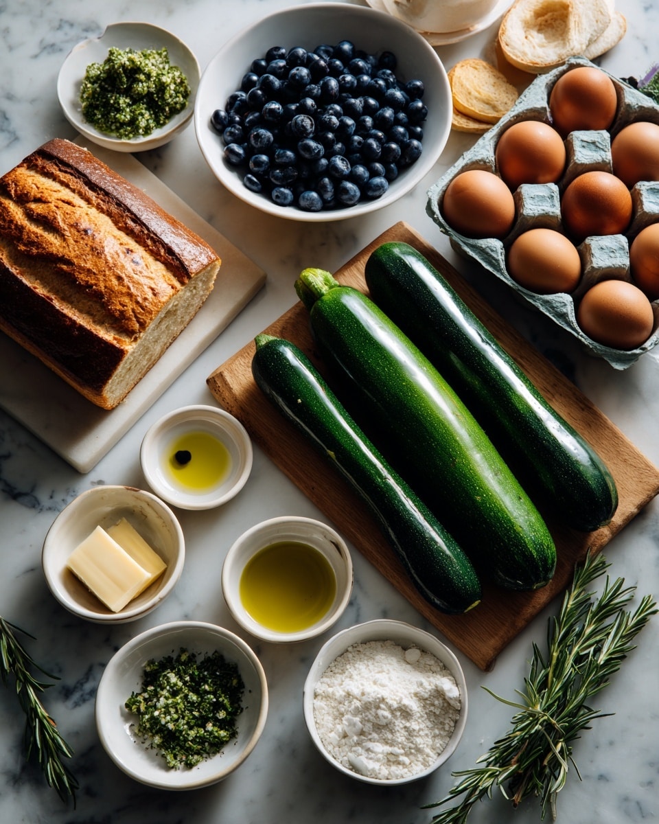 The image shows an arrangement of fresh cooking ingredients on a white marbled surface. There is a small white bowl filled with many dark blue blueberries, placed near two shiny green zucchinis on a wooden board. Next to them is a carton holding six brown eggs, some with a smooth matte finish. A rectangular brown loaf of bread sits at the lower left. Round white bowls hold different items: one with a small square of pale yellow butter, another with white flour, one with green herbs in olive oil, and two others with different golden yellow oils. Small bowls with green rosemary sprigs add a natural touch. All items are arranged neatly, showing a mix of textures like powdery flour, smooth eggs, rough bread crust, and shiny fruits photo taken with an iphone --ar 4:5 --v 7