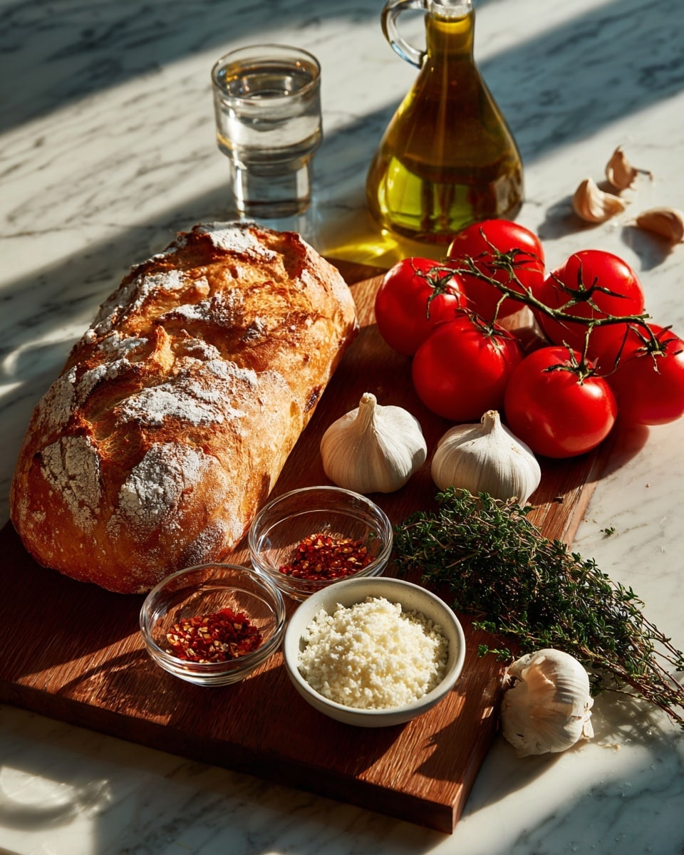 A wooden board placed on a white marbled surface holds a fresh loaf of crusty bread with a golden-brown top and white flour dusting, positioned on the left side. On the right, there is a bunch of bright red tomatoes on the vine. Near the tomatoes are several whole garlic bulbs, some broken into cloves with papery white skins. A small glass bowl of finely grated white cheese sits at the center bottom, next to a small bunch of fresh green thyme. Near the top center, there is a small white bowl filled with red chili flakes. Behind the chili flakes is a small glass bottle filled with golden olive oil. The lighting casts soft shadows, adding warm tones to the natural colors. Photo taken with an iphone --ar 4:5 --v 7