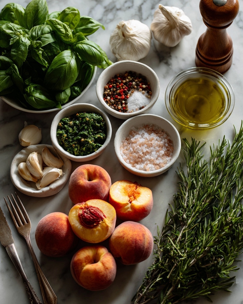 The image shows a flat lay of fresh ingredients on a white marbled surface. At the center, there are eight whole peaches with fuzzy skin in shades of orange and red, and one peach cut in half showing its bright yellow inside and a red pit. To the left, a bunch of fresh green basil leaves sits in a small bowl, next to a bulb of garlic with several cloves visible. Above the peaches, there are five small white bowls containing different spices and ingredients: a red powder, mixed peppercorns, green dried herbs, coarse salt, and a glass bowl filled with golden olive oil. In the top right corner, there is a wooden pepper grinder, and at the bottom right, a bunch of fresh rosemary with dark green, needle-like leaves. A vintage fork with a dark handle leans on the left side of the image. photo taken with an iphone --ar 4:5 --v 7