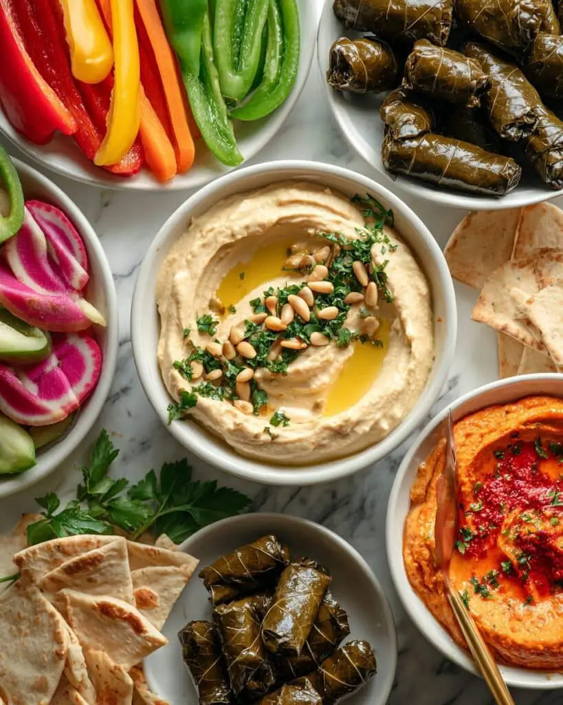 Hummus Board with Fresh Veggies and Grape Leaves Recipe
