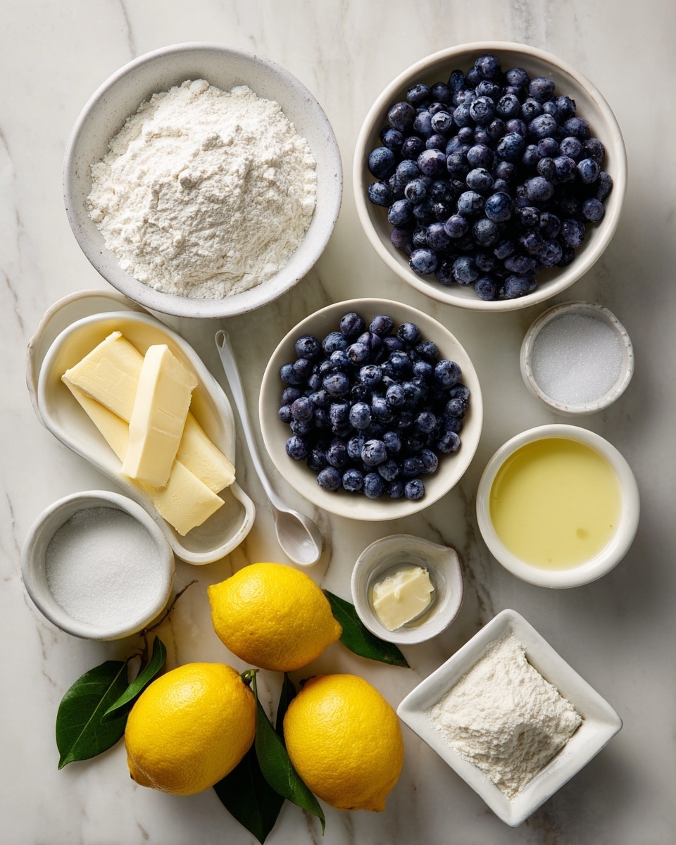 The image shows an overhead view of various ingredients arranged neatly on a white marbled surface. There are multiple round bowls and small dishes, each holding different items: a large white bowl filled with white flour, a large white bowl full of fresh blueberries, a medium white bowl with more blueberries, and a small white bowl with some blueberries topped with a green leaf. Three bright yellow lemons with green leaves are placed near the bottom. Other dishes contain stick-shaped butter, a pale yellow liquid (likely melted butter), a creamy white mixture with a spoon, some granulated salt, sugar, and a small amount of baking powder or similar powder in a tiny square dish. The overall color palette contrasts the dark blues of the berries and the vibrant yellow of the lemons against the neutral white marble backdrop. photo taken with an iphone --ar 4:5 --v 7