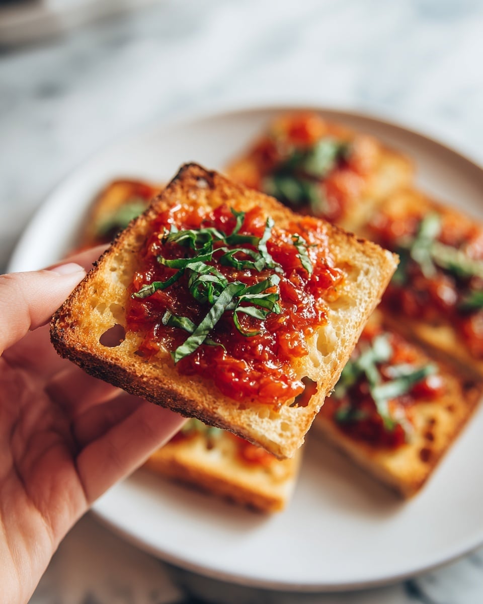 A close-up of a woman's hand holding a small, square piece of toasted bread that is golden brown and crispy with visible holes on its surface. On top of the toast is a layer of finely crushed red tomatoes, slightly wet and chunky, giving a fresh and juicy look. Thin strips of fresh green basil are spread on the tomato layer, adding a touch of color and texture. In the blurred white bowl below, several more pieces of the toasted bread with tomato and basil topping can be seen. The scene is set on a white marbled surface. photo taken with an iphone --ar 4:5 --v 7