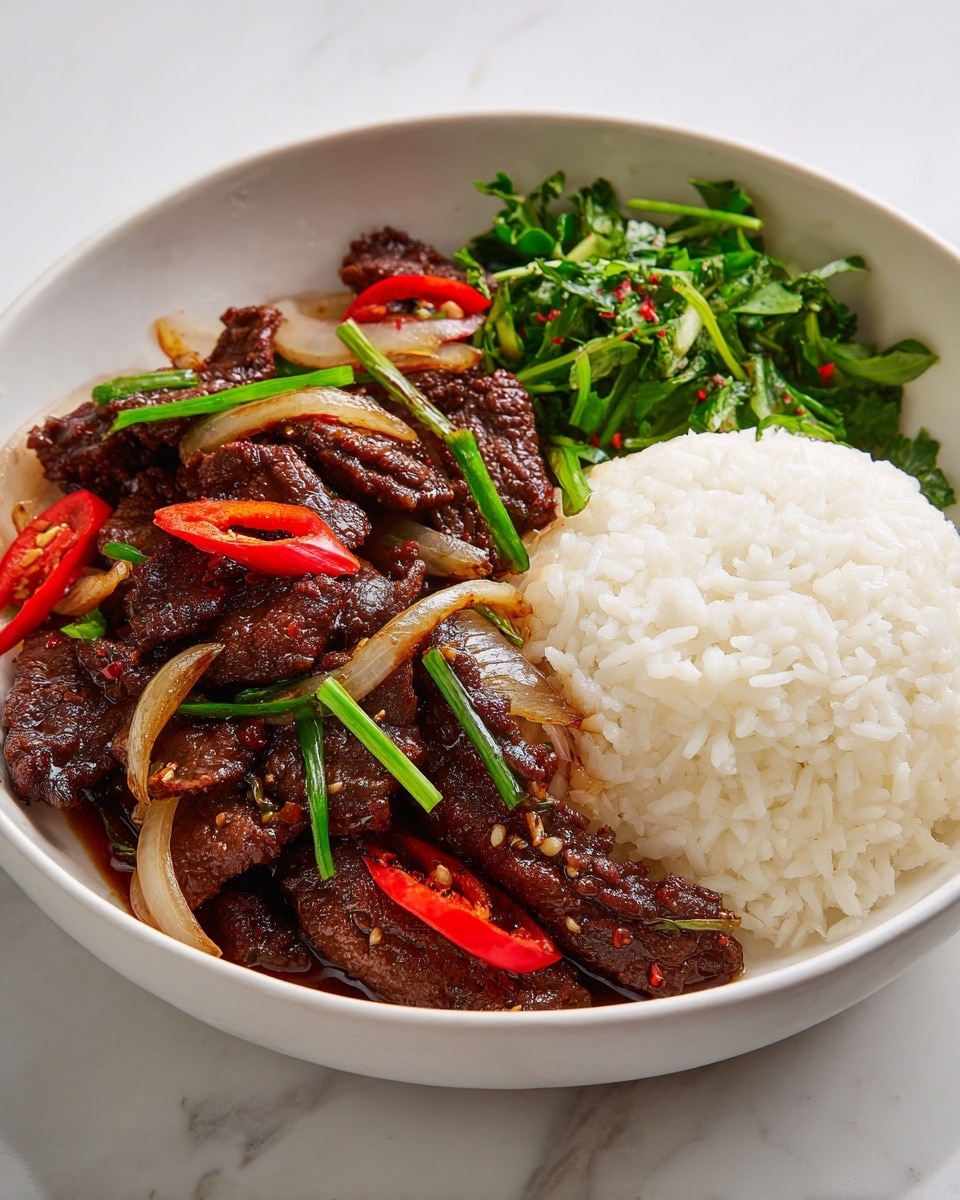 A white plate holds two layers of food side by side: on the left, a thick layer of dark brown, glossy cooked meat pieces coated in a rich sauce with visible red chili slices, green chopped scallions, and light brown cooked onion slices scattered on top; on the right, a neat mound of white fluffy rice grains. The plate sits on a white marbled surface. The colors are deep and vibrant, showing textures of tender meat and fresh vegetables. Photo taken with an iphone --ar 4:5 --v 7