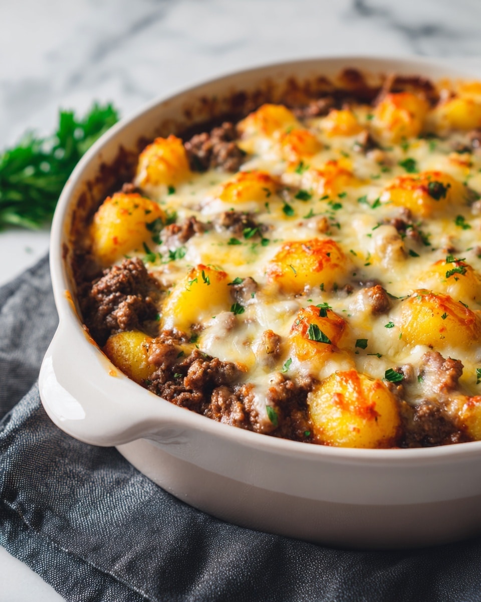 The image shows a white round casserole dish filled with a baked layered dish. The bottom layer is made of cooked ground meat with a dark brown color and crumbly texture. On top of the meat are chunks of golden yellow potatoes. The top layer is melted cheese with a mix of white and orange colors, slightly browned in some spots, sprinkled with small green herb pieces for garnish. The dish sits on a dark cloth on a white marbled surface, with a blurred background. Photo taken with an iphone --ar 4:5 --v 7