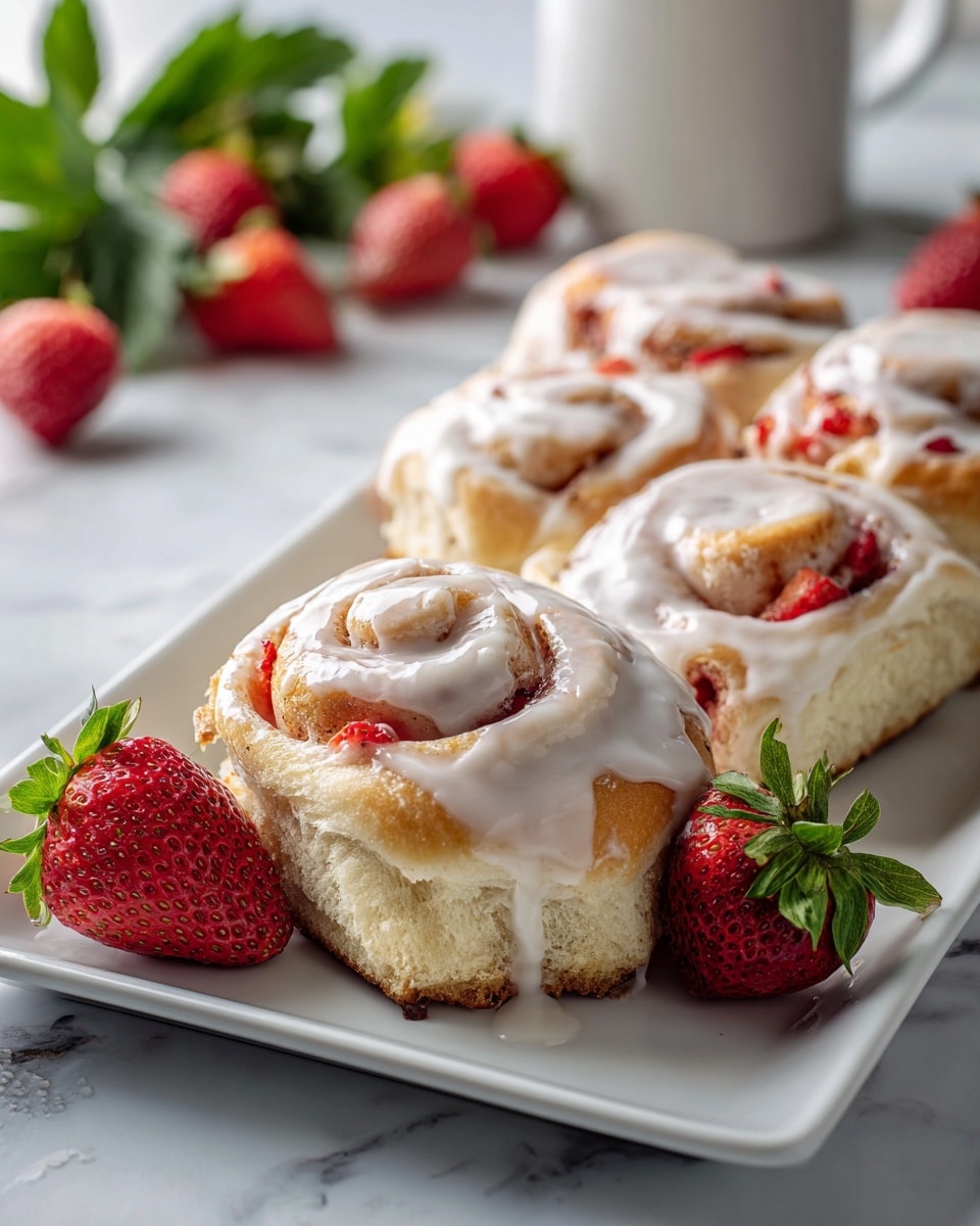 The image shows three strawberry rolls placed closely on a white rectangular plate. Each roll has a thick, creamy white icing layer dripping down the sides, covering the soft light yellow dough base. Inside the roll, a spiral of red strawberry filling creates a rose-like shape on top, with some small strawberry pieces visible in the swirls. Around the plate, there are fresh whole strawberries with green tops, placed on a white marbled surface. The background is slightly blurred with a mix of soft green and red tones, giving a fresh and inviting look. photo taken with an iphone --ar 4:5 --v 7