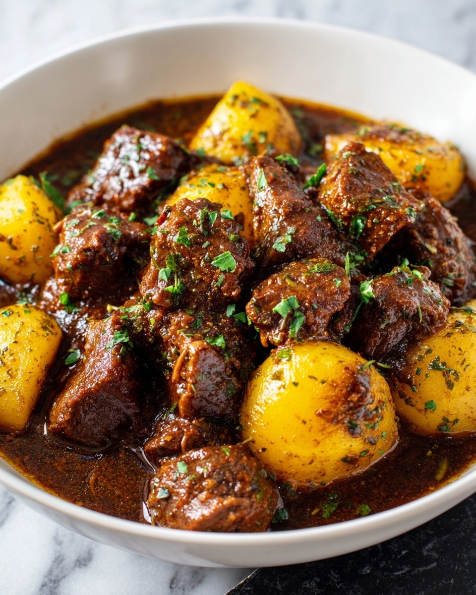 A white bowl filled with a stew showing two main layers: the bottom layer is a dark brown thick sauce that covers the surface, and the top layer has chunks of dark brown meat and light yellow potato pieces evenly spread. The meat looks soft with some texture, and the potatoes are smooth and slightly shiny. Small green herbs are sprinkled on top, adding contrast. The bowl is on a black stand placed on a white marbled surface. photo taken with an iphone --ar 4:5 --v 7
