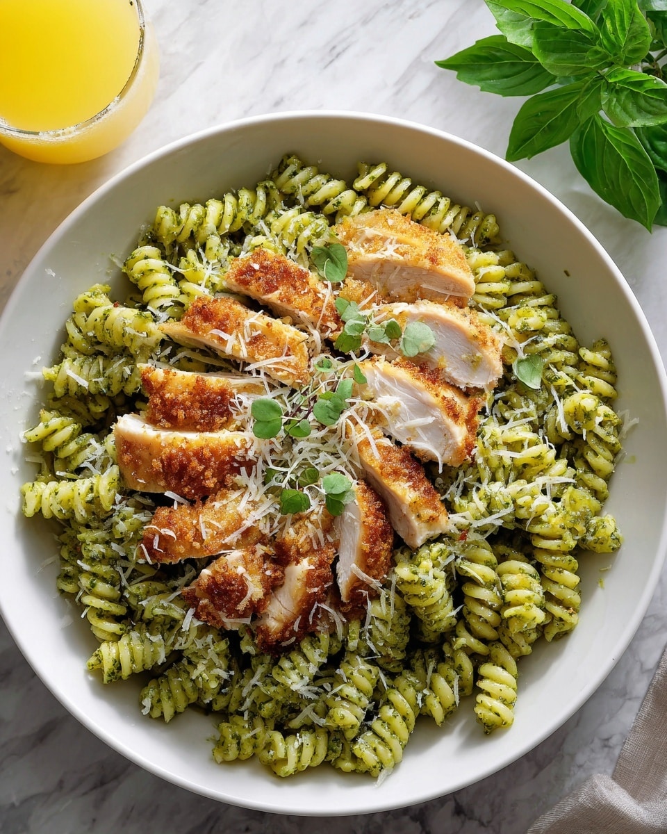 A white bowl filled with green pesto rotini pasta layered at the bottom, showing a fresh, slightly oily texture with finely chopped herbs mixed in; on top lies a layer of golden-brown crispy sliced chicken pieces arranged in a neat row, with a light sprinkle of grated white cheese and small green herb bits scattered over the chicken and pasta. The bowl sits on a white marbled surface next to a glass of green herb garnish in yellow liquid. Photo taken with an iphone --ar 4:5 --v 7