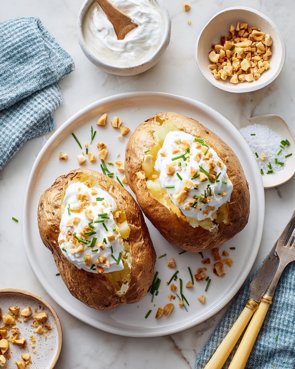 A white round plate holds two baked potatoes with crispy brown skins, each split open and filled with fluffy white potato inside. The potatoes are topped with a smooth white cream sauce, sprinkled with small green chopped chives and crunchy brown bits. To the top left, a silver baking tray with more crunchy brown pieces and a spoon rests on a white marbled surface. On the right, a small white bowl contains white sauce with a small wooden scoop in it. Around the plate, rustic knives with cream handles, a small blue cloth, and wooden bowls with salt and more chopped green herbs are scattered. Photo taken with an iphone --ar 4:5 --v 7