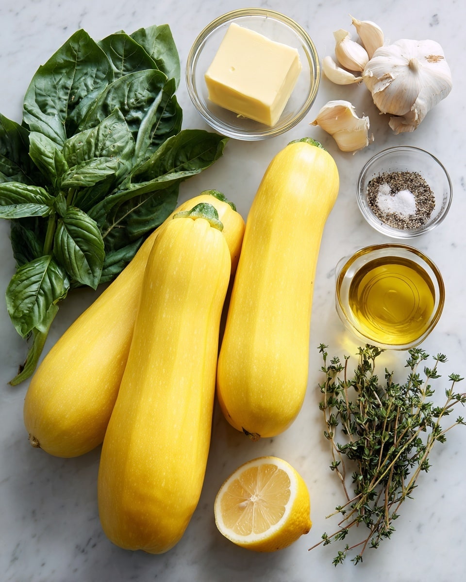 Three bright yellow summer squashes lay side by side on a white marbled surface, with their smooth skins shining under the light. Above them, a small glass bowl holds a square of pale yellow butter, while nearby three whole garlic cloves rest beside it. To the right, another small glass bowl is filled with golden olive oil. Below them, a third transparent bowl contains coarse salt and black pepper. At the bottom left, a bunch of fresh, deep green basil leaves spreads out with visible veins. Next to the basil, a half-cut lemon with a vibrant yellow rind and juicy interior faces up, and a few sprigs of fresh thyme with tiny green leaves lay to the right of the lemon. photo taken with an iphone --ar 4:5 --v 7
