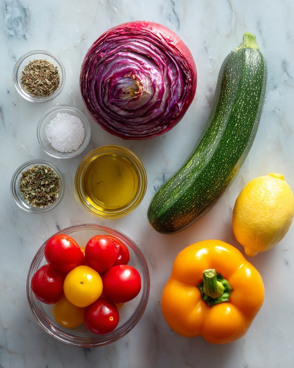 The image shows fresh vegetables and spices arranged on a surface with a white marbled texture. There is one large red onion with purple and red layers on the top center. To the right, a green zucchini lies next to a yellow squash. At the bottom right is one orange bell pepper with a green stem. On the left side, a small glass bowl holds red and yellow cherry tomatoes with a shiny, smooth surface. Nearby, there are small clear bowls with dried herbs, a mix of dried seasoning, white salt, and a yellow lemon half with seeds visible. A small glass dish of golden olive oil is also placed near the bell pepper. The items are spaced out evenly, showing different colors and textures. Photo taken with an iphone --ar 4:5 --v 7