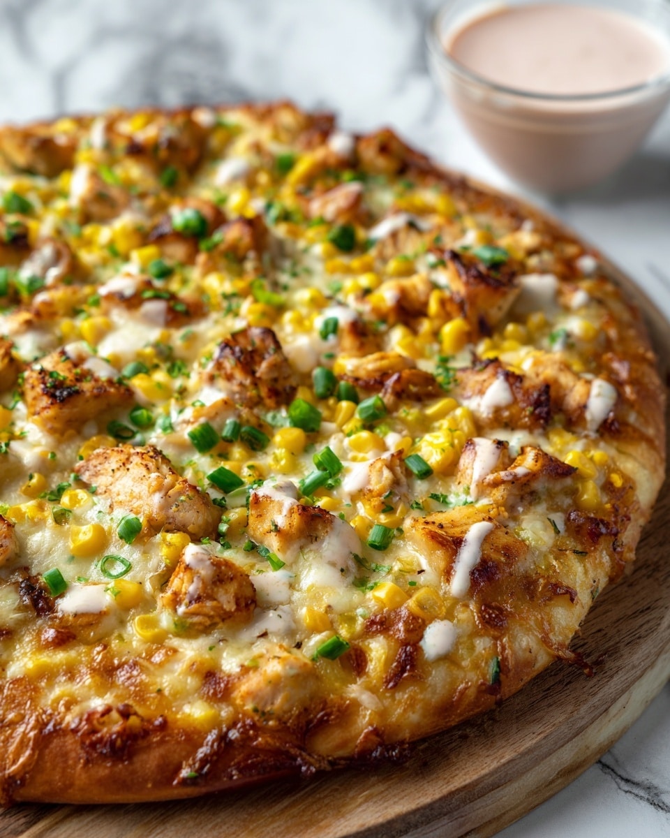 The image shows several pizza slices on a white marbled surface. Each slice has a crust with a golden brown color and a soft, fluffy texture. The pizza is topped with melted cheese that is creamy white and lightly browned in spots. There are pieces of cooked chicken with a light brown color, bright yellow corn kernels, and thin slices of pink pickled onions scattered on top. Small green chives and bits of fresh herbs add small green pops of color. Drizzles of white creamy sauce and a reddish-brown barbecue sauce are artfully spread over the toppings, adding visual contrast. Photo taken with an iphone --ar 4:5 --v 7