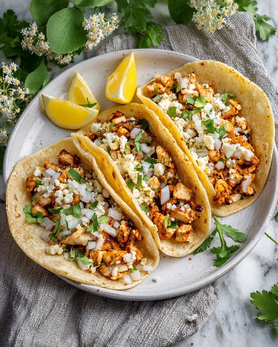 Three soft white tortillas are placed side by side on a round black plate over a gray cloth with small white flowers and green leaves in the background. Each tortilla is filled with a layer of small brown cooked meat pieces, topped with white crumbled cheese, chopped white onions, and scattered green cilantro leaves. On top of each taco, there is a small wedge of yellow lemon. The plate sits on a white marbled surface. photo taken with an iphone --ar 4:5 --v 7