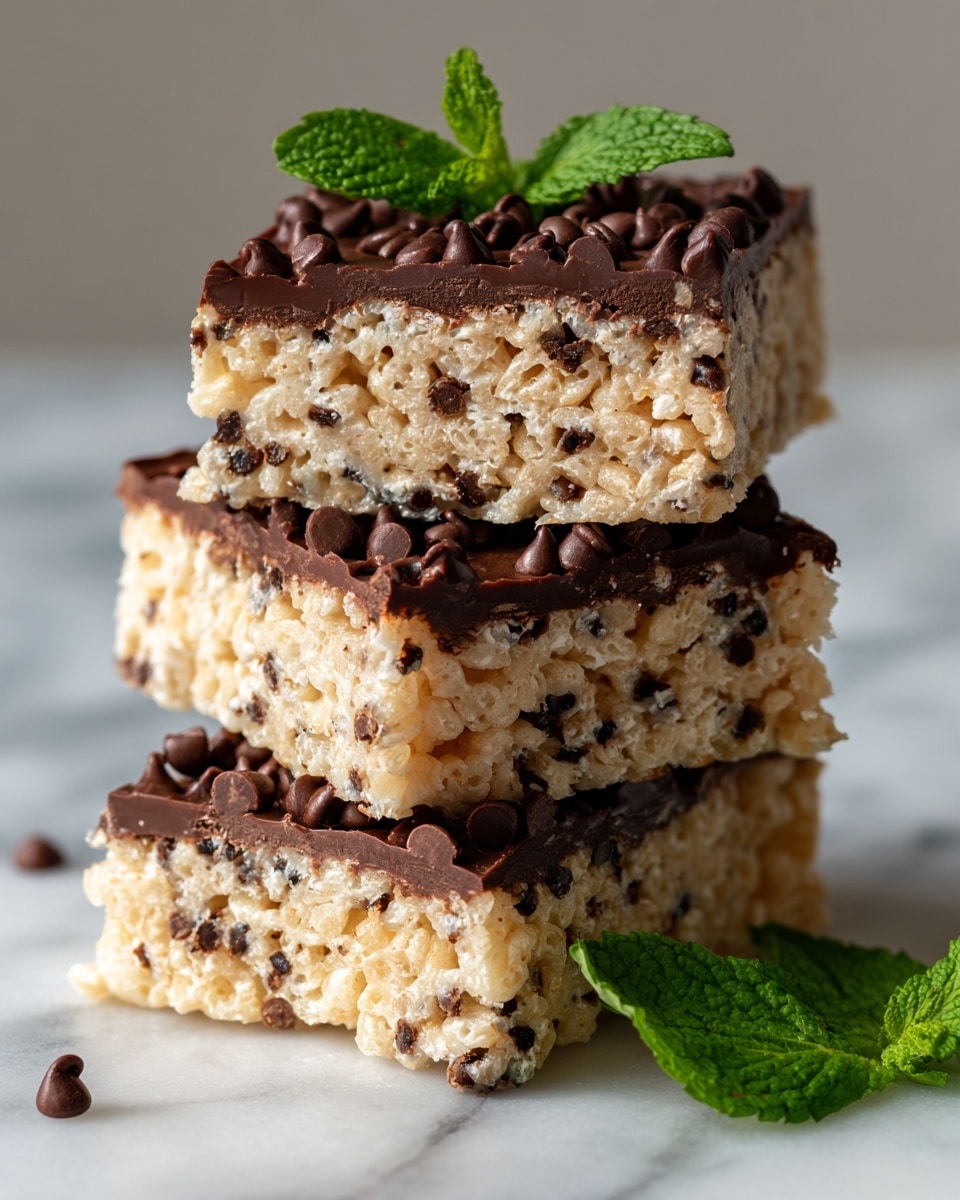 The image shows four square rice cereal treats stacked on a white marbled surface. Each treat has two layers: the bottom layer is made of light, crispy rice cereal with small dark bits mixed in, and the top layer is a thick spread of chocolate with small chocolate chips sprinkled generously on top. One treat is stacked on the others, with a fresh green mint leaf placed on top for decoration, while another sprig of mint lies beside the stack. The texture of the cereal is porous and light, and the chocolate layer looks smooth but firm. Photo taken with an iphone --ar 4:5 --v 7