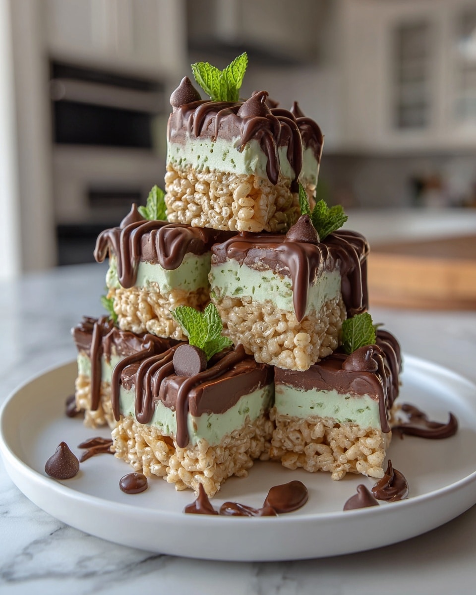 A white plate holds five square layered treats stacked in a small pyramid on a white marbled surface. Each treat has three layers: the bottom and top are light brown crispy rice cereal, while the middle layer is a pale green cream. The top of each square is decorated with a drizzle of dark chocolate sauce and several small, round chocolate chips. A fresh green mint leaf sits on top of the pyramid, adding a touch of color. Some chocolate sauce drips onto the plate adding to the texture. Photo taken with an iphone --ar 4:5 --v 7