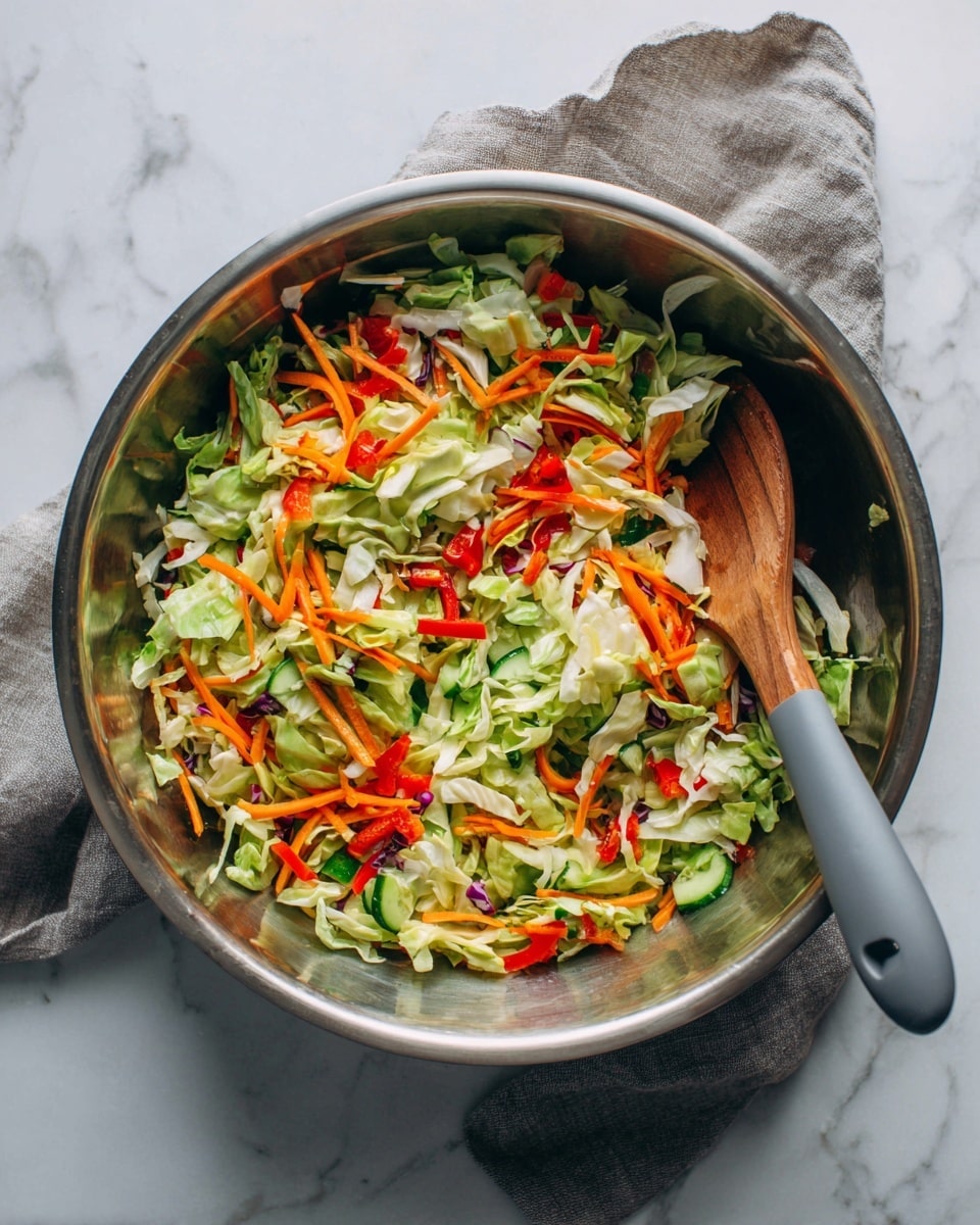 A large silver metal bowl filled with a colorful mixed vegetable salad rests on a white marbled surface, with a gray checkered cloth partly underneath it. The salad has a top layer of shredded light green and dark green cabbage leaves, thin orange carrot strips, and small pieces of chopped green cucumber and red bell pepper. A black spoon with a wooden handle is slightly inside the bowl on the right side, ready to serve. photo taken with an iphone --ar 4:5 --v 7