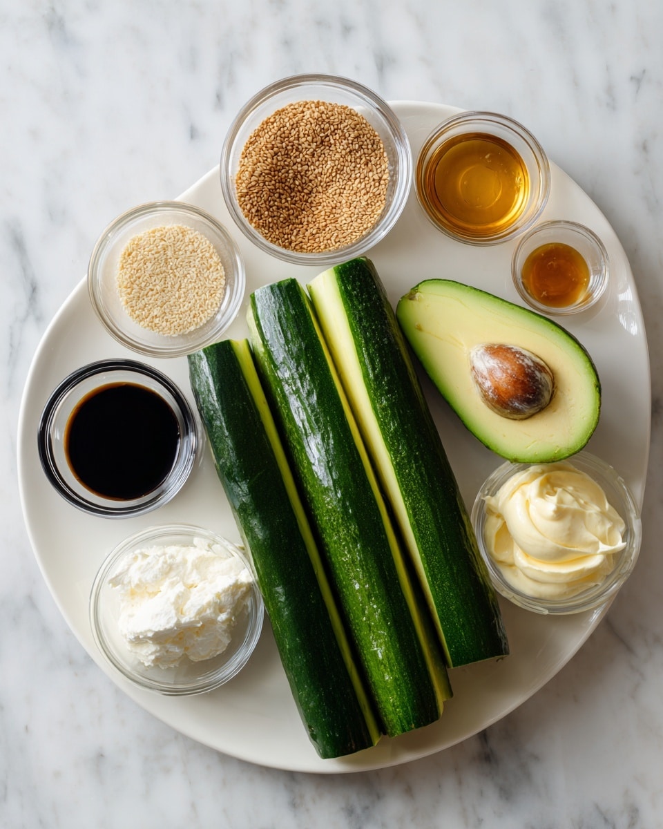 A long, smooth, dark green cucumber lies next to a halved avocado with a brown seed inside, showing its soft yellow-green flesh. On a white plate, there are four long, bright orange crab sticks arranged standing up. Around them, there are five small clear bowls filled with light brown sesame seeds, dark brown soy sauce, white cream cheese, pale yellow mayonnaise, and a little extra sauce with a golden tint. The items are set on a white marbled surface. photo taken with an iphone --ar 4:5 --v 7