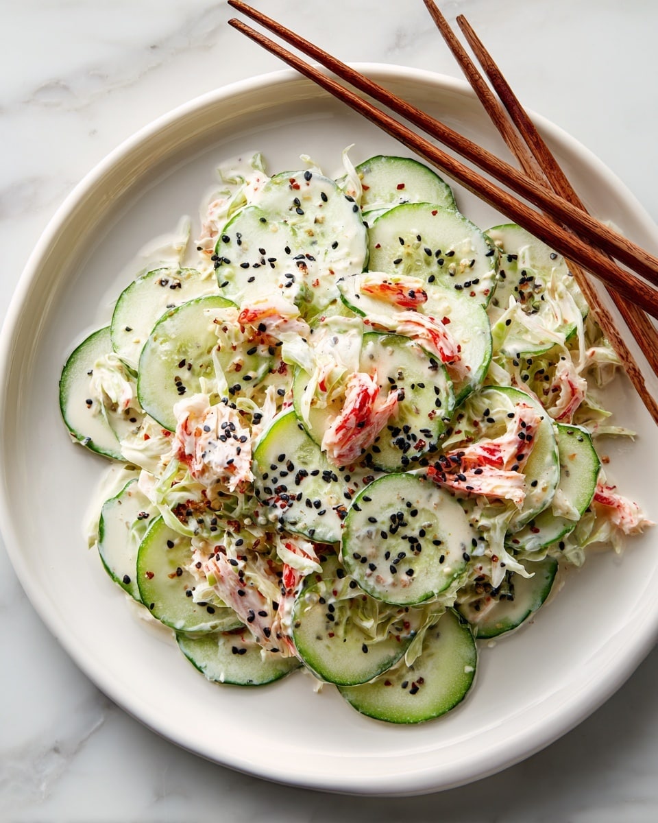 A white plate on a white marbled surface holds a simple cucumber salad. The bottom layer is made of thin, pale green cucumber slices spread evenly across the plate. On top, there are small pieces of creamy light yellow shredded vegetable mixed with thin red strips. The salad is covered with a light cream-colored dressing that looks smooth and slightly thick. Small black and tan sesame seeds are scattered on top, adding texture and color contrast. A pair of light wooden chopsticks rests on the top right edge of the plate. photo taken with an iphone --ar 4:5 --v 7