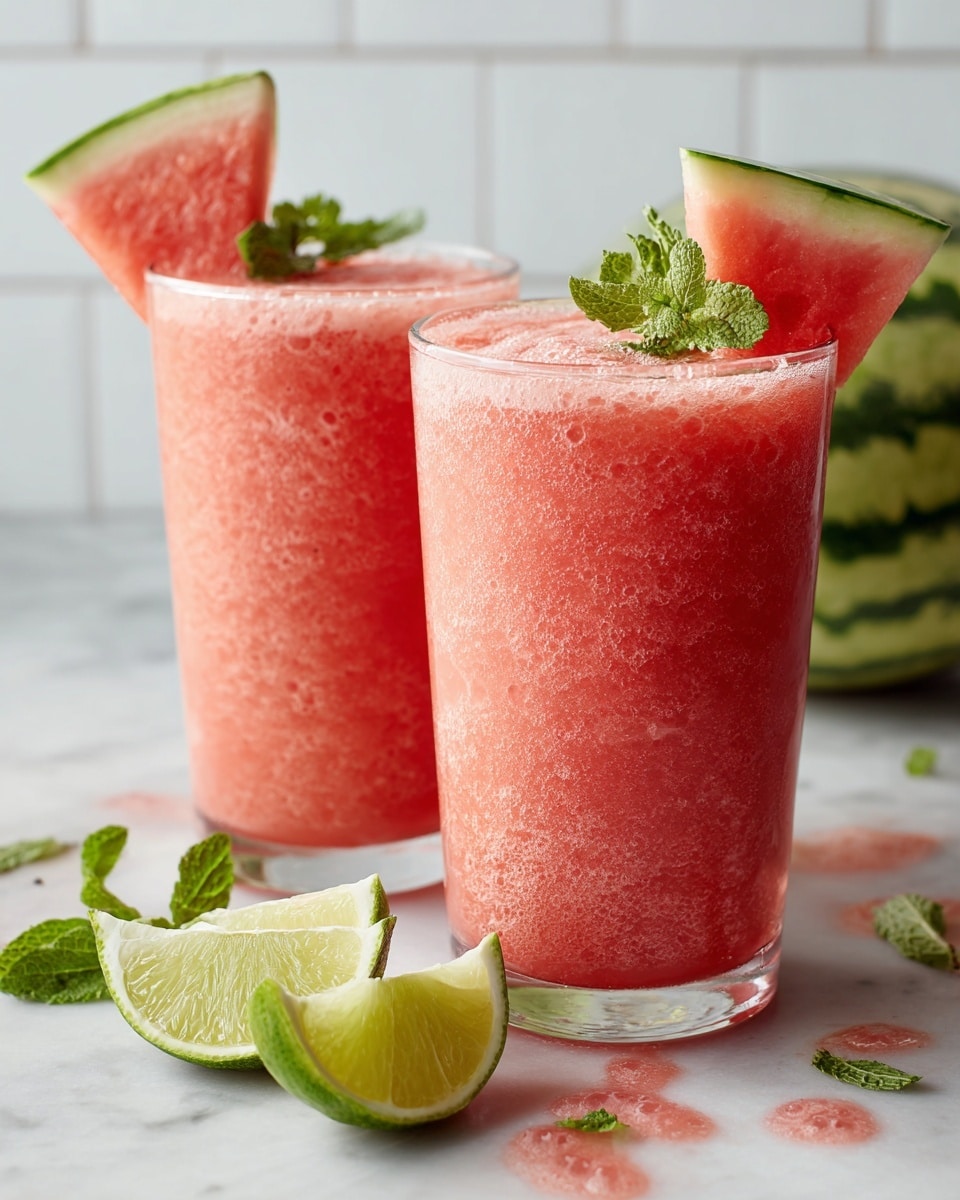 Two tall glasses filled with a thick pink watermelon drink. Each glass is topped with a slice of watermelon that shows its green rind and red flesh with small seeds. A small fresh green mint leaf is placed next to each watermelon slice. The glasses are on a white marbled surface where small drops of pink juice are visible. Around the front base of the glasses, there are three lime wedges, showing a bright green color. In the background, a halved watermelon with its red flesh and green rind is slightly out of focus against a white tiled wall. photo taken with an iphone --ar 4:5 --v 7