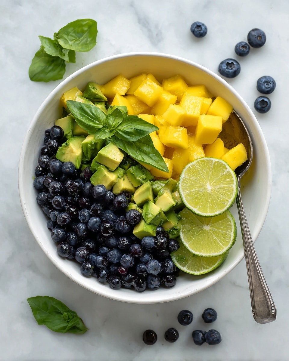 A white bowl filled with a colorful fruit salad on a white marbled surface, showing three main layers: the base layer is bright yellow mango cubes, the middle layer has dark blue blueberries scattered throughout, and the top layer is fresh green mint leaves sprinkled over the fruit. There are also light green avocado pieces mixed in with the mango and blueberries. On the left side of the bowl, three lime slices are neatly placed on the edge, adding a fresh pop of color. A silver fork is resting inside the bowl on the right side. Around the bowl on the white marbled surface, some blueberries and small sprigs of fresh mint leaves are scattered. photo taken with an iphone --ar 4:5 --v 7